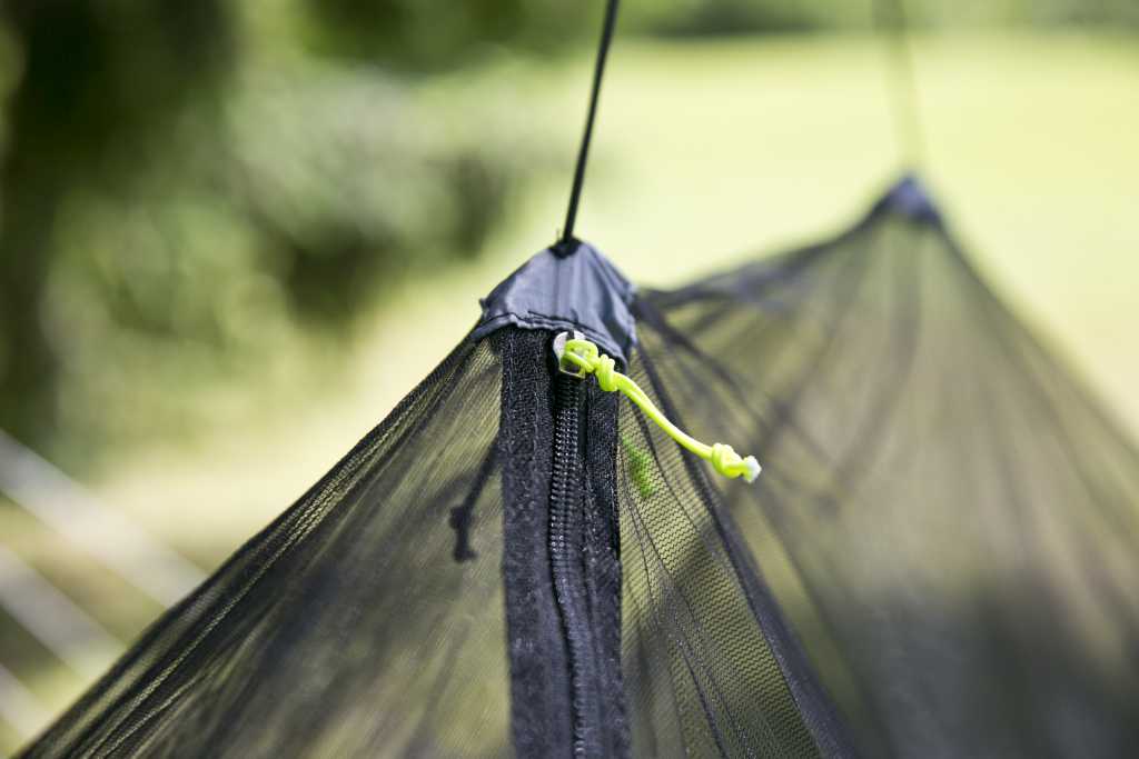 Non removable No-See-Um bug-net suspended by adjustable shock cord, with zippered entrance